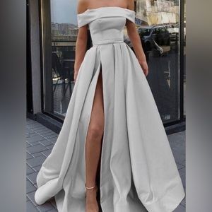 black satin off the shoulder prom dress